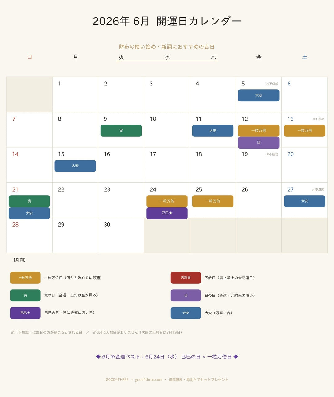 【2026年6月】財布の使い始めにおすすめの開運日｜一粒万倍日・寅の日・己巳の日カレンダー