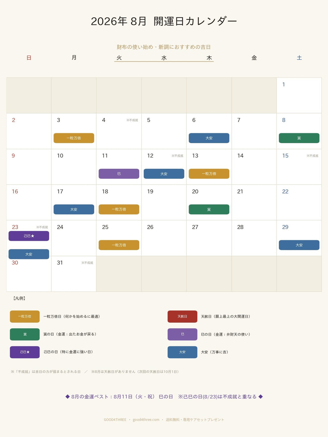 【2026年8月】財布の使い始めにおすすめの開運日｜一粒万倍日・寅の日・巳の日カレンダー
