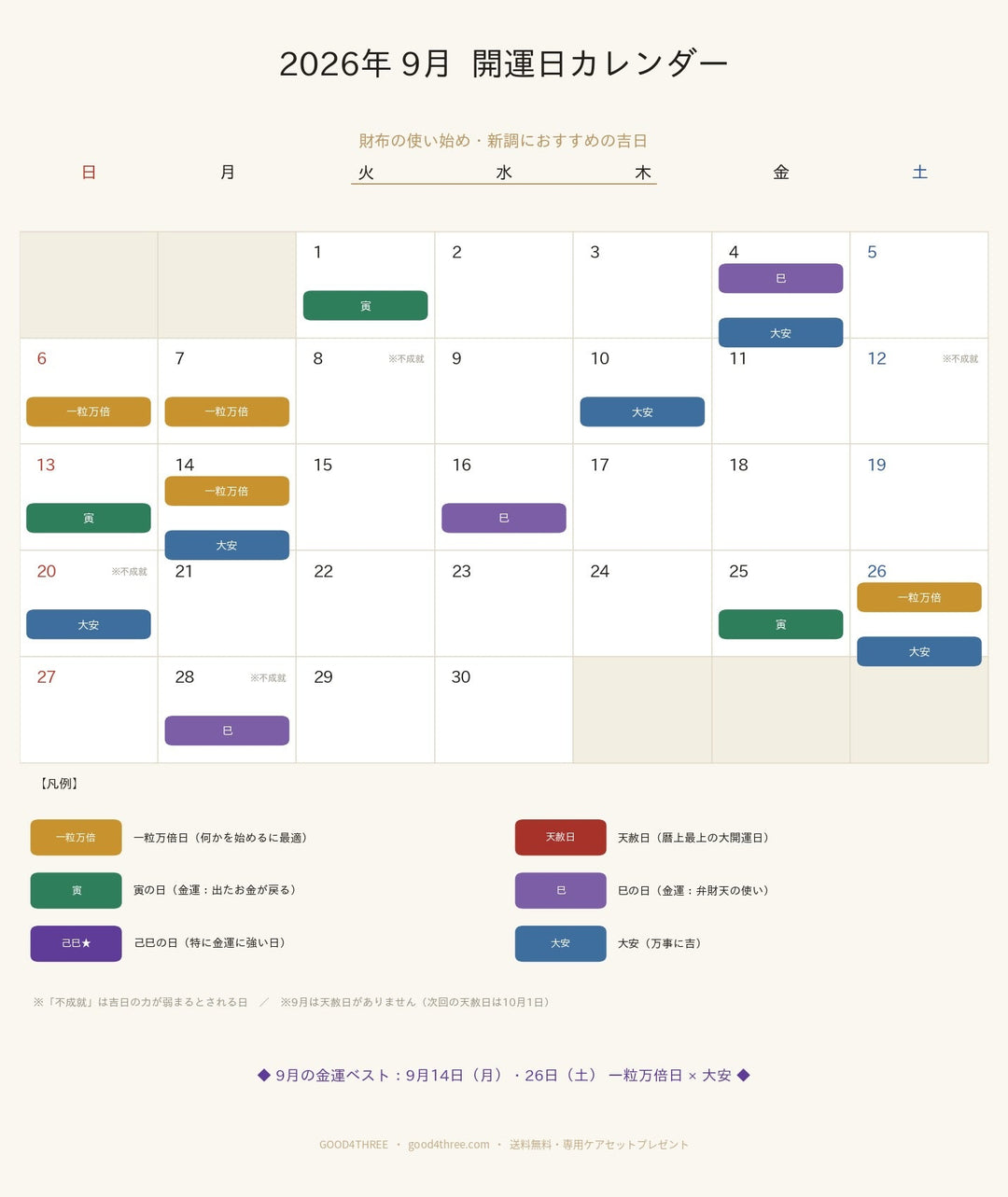 【2026年9月】財布の使い始めにおすすめの開運日｜一粒万倍日・寅の日・大安カレンダー