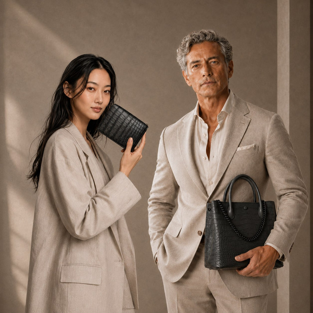 GOOD4THREE Story - two models with black crocodile wallet and tote