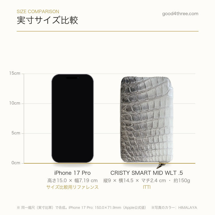 CRISTY SMART MID WLT .5 実寸サイズ比較：iPhone 17 Proとの大きさ比較（縦9×横14.5cm）