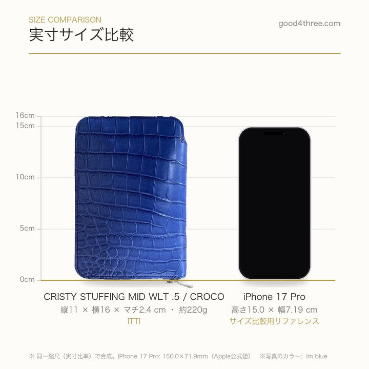 CRISTY STUFFING MID WLT .5 / CROCO 実寸サイズ比較：iPhone 17 Proとの大きさ比較（縦11×横16cm）